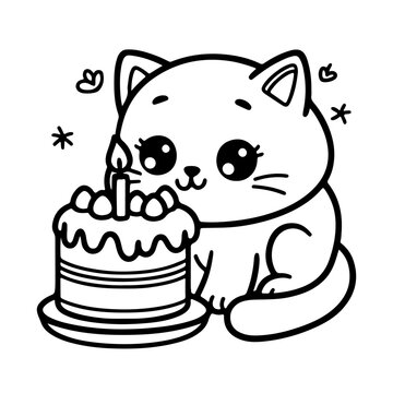 Baby cat, kitten with a cake. Cloring page for children