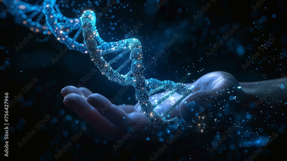 Aufkleber Blue giving hand with flying DNA molecule helix. Engineering concept. Low poly style. Graphic geometric. Wireframe light connection.  image.