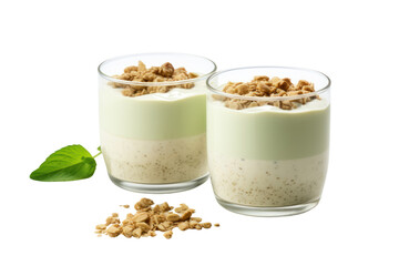 Yogurt mixed with cereal Beans and greens, served in glasses, isolated on transparent background.