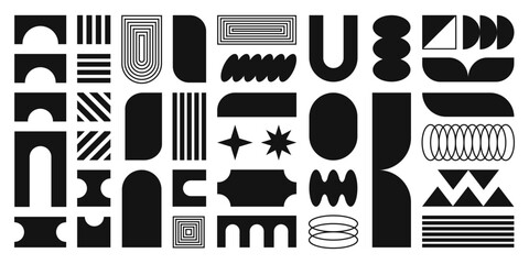 Abstract shapes, basic brutal forms and retro figures in Y2K aesthetics, vintage stickers, logos and labels. Decorative design element set, vector illustration.	
