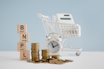 For buy now pay later , online shopping concept, wooden cube block with BNPL text and stack of...