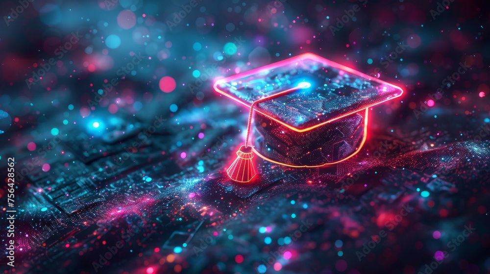 Aufkleber an online seminar with a diploma in digital futuristic style on a dark background with light neon ef