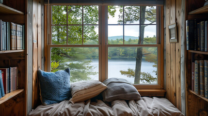 Cozy reading nook nestled beside a window overlooking a scenic natural landscape, offering a serene retreat for literary escape. - obrazy, fototapety, plakaty