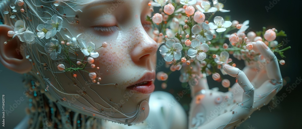 Poster Artificial intelligence in humanoid head holding artificial robotic flower in hand. Sci-fi future concept. Computer neural network learns the world. AI with Digital Brain analysis. Industry 4.