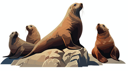 A playful group of sea lions sunbathing on a rocky