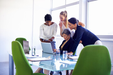 Obraz premium Teamwork, thinking and business women on laptop for meeting, website review and online project. Company startup, corporate and people on computer for planning, discussion and collaboration in office
