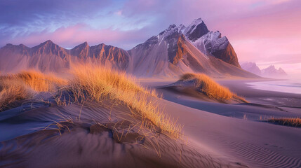 Misty landscape with dunes, fog and mountains .