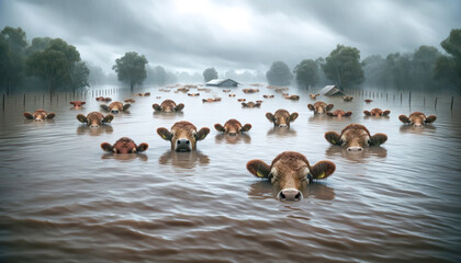 cows in the water after a natural disaster (flooding)