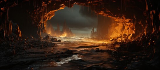 View of a volcanic open cave on the beach - obrazy, fototapety, plakaty