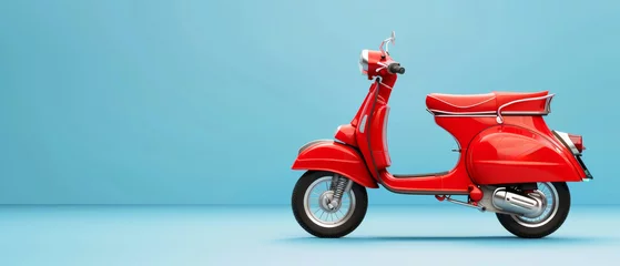 Photo sur Plexiglas Scooter Classic red scooter stands out against a minimalist blue background.