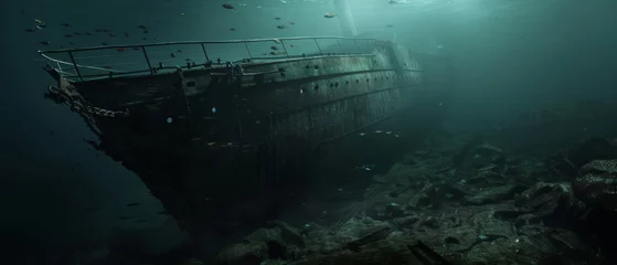 Fotobehang Mysterious underwater scene with sunken ship shrouded in darkness. © Ai Studio