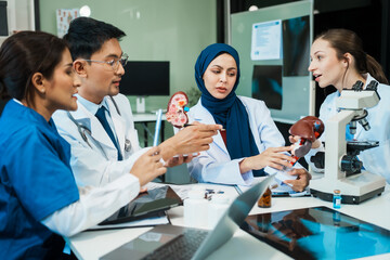 A diverse group of healthcare professionals, including doctors, nurses, and specialists, engaging in a collaborative meeting to discuss medical cases and share expertise in a hospital