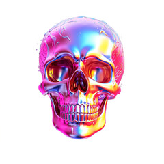 Abstract liquid chrome skull in various colors, against a plain white background