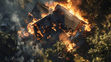 fire destroys the house. A modern cottage damaged by a fire. A burning house on fire, at night, viewed from above. - obrazy, fototapety, plakaty