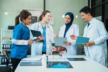 A diverse group of healthcare professionals, including doctors, nurses, and specialists, engaging in a collaborative meeting to discuss medical cases and share expertise in a hospital