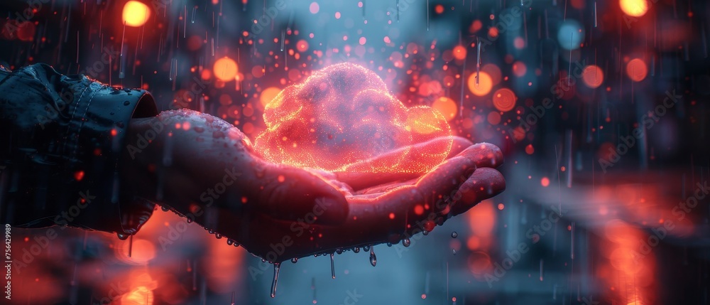 Aufkleber Network concept of digital technology. Icon of digital cloud over hand. Digital rain of data comes from the digital cloud. Internet Datum storage synchronization. Download or upload information.