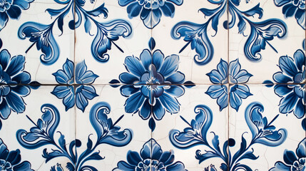Obraz premium Vintage traditional tile background. Blue azulejos floral pattern. Generative AI