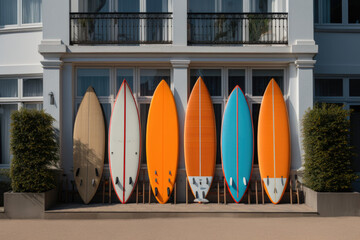 Surfboards and beach bathing cabins.