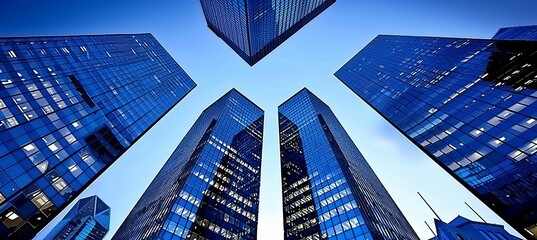 Modern skyline  reflective skyscrapers and business offices against clear blue sky
