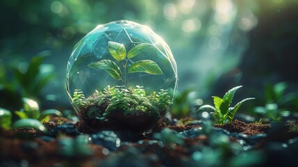 Obraz na płótnie Canvas A green growing plant inside a glass dome with sunlight. The idea of protecting the environment and farming smarter. Low poly style. Blue geometric background. Wireframe light structure. 3D. Vector.