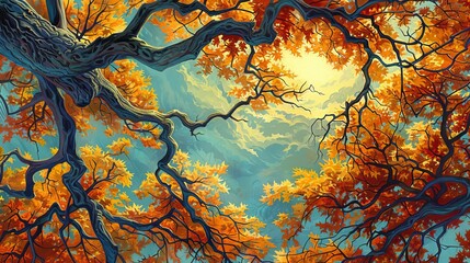 Vibrant 3d tree abstraction  colorful leaves on hanging branches   interior mural wallpaper