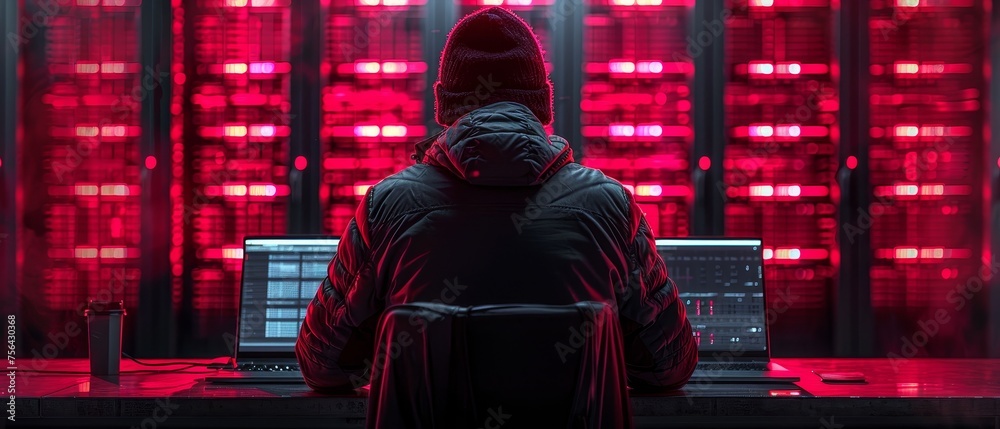 Fototapete Hacker with laptop and server room behind it. Cyber crime, hacker activity, ddos attack, digital system security, fraud money, cyberattack threat, malware virus alert concept.