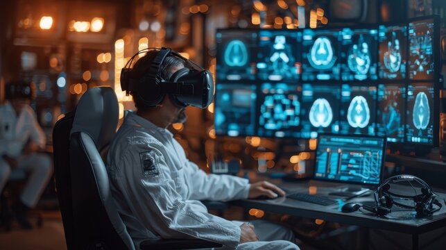 Scientist in a laboratory wearing virtual reality headset interacts with futuristic holographic interface showing neurological data. Modern Brain Study/ Neurological Research Center.