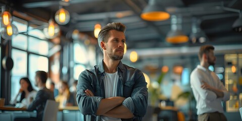 A dynamic team of business professionals collaborating in a creative office setting . Concept Office Collaboration, Creative Teamwork, Business Professionals, Dynamic Workspace, Innovative Ideas