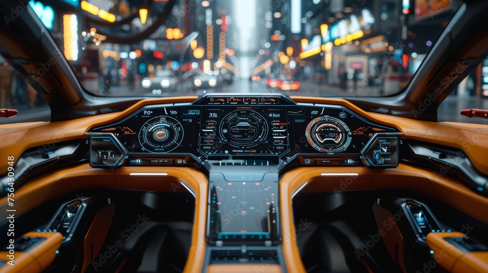Poster the cockpit of a vehicle with no hud or digital instruments.
