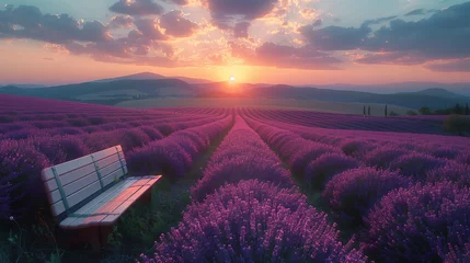Zelfklevend Fotobehang The sun dips below the horizon, casting a warm glow over rolling hills of purple lavender, creating a picturesque and calming landscape. © feeling lucky