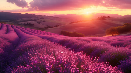 The sun dips below the horizon, casting a warm glow over rolling hills of purple lavender, creating a picturesque and calming landscape.