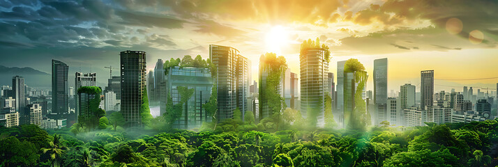 Futuristic city skyline adorned with sustainable skyscrapers and green spaces, envisioning a greener and more environmentally conscious urban landscape - obrazy, fototapety, plakaty