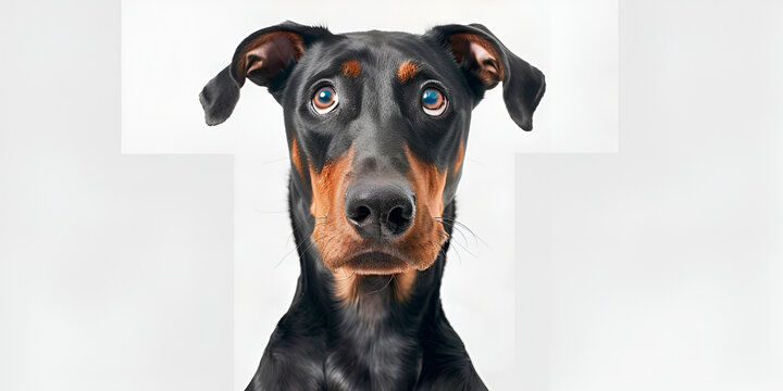 Close up view of Dobermann isolated on white background Funny surprised