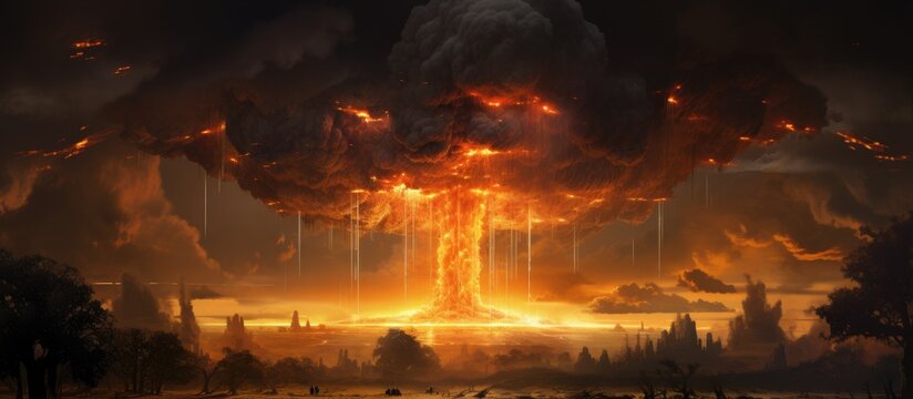 The painting depicts a massive explosion in the sky, creating a mesmerizing mushroom cloud amidst blazing fire. The vast sky is engulfed in the intense burst of energy, showcasing the raw power of the - Powered by Adobe