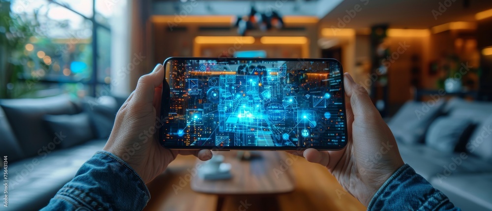 Poster Smartphone app screen with augmented reality (AR) view of internet of things (IOT) connected objects in apartment interior, person holding device