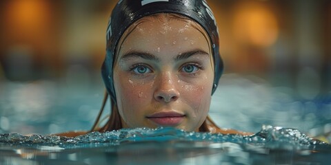 A focused and athletic teen girl in swimwear, swimming with energy in a blue pool.