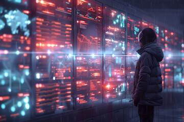 Person Standing in Front of Data Wall