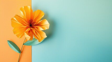 An intricate origami flower stands out on a dual-tone background, a fusion of craft and simplicity - obrazy, fototapety, plakaty