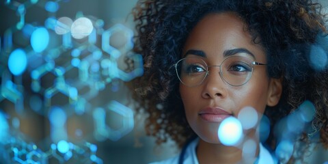 A black woman scientist immersed in futuristic technology, navigating digital data and holographic projections.