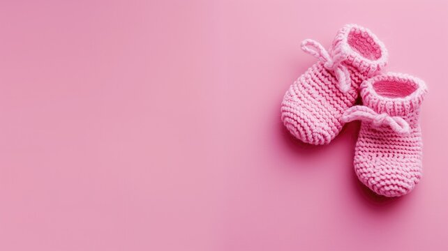 Soft pink knitted baby booties on a matching pink background, symbolizing newborn comfort