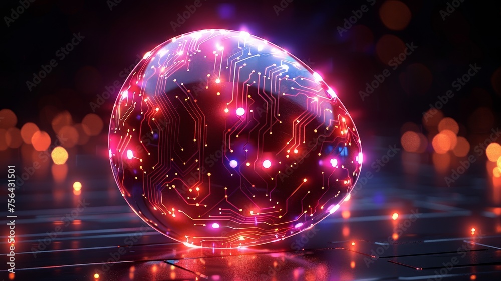 Poster Glowing digital modern illustration of an abstract 3D egg with circuit board texture. Greeting card themed in tech futuristic style....