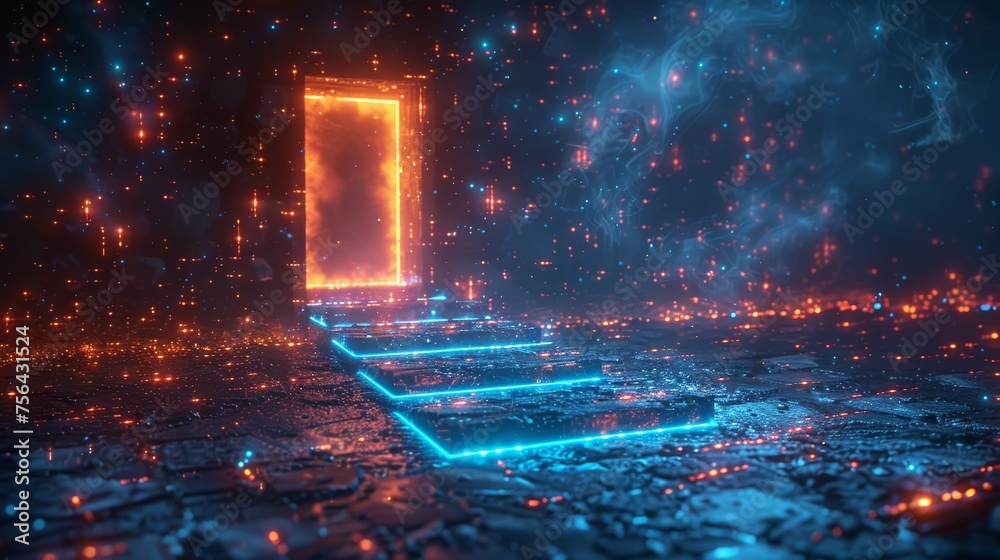 Poster an open door leads to a future filled with glowing tech in a futuristic polygonal style. modern illu