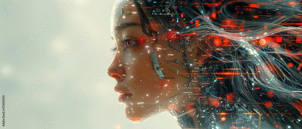 Poster cyberspace woman with artificial intelligence. cyborg in the virtual world of datum. beautiful femal