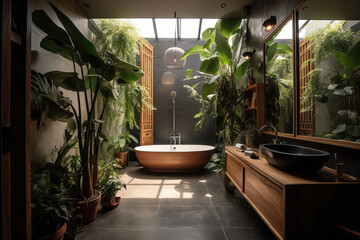 A modern bathroom oasis, with a freestanding tub and a view of lush greenery, invites relaxation in a bath of sunlight. - obrazy, fototapety, plakaty