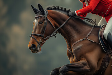 Obraz premium Equestrian sport, show jumping. A rider in a red jacket riding a brown horse. Side view, close-up