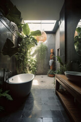 A modern bathroom oasis, with a freestanding tub and a view of lush greenery, invites relaxation in a bath of sunlight.