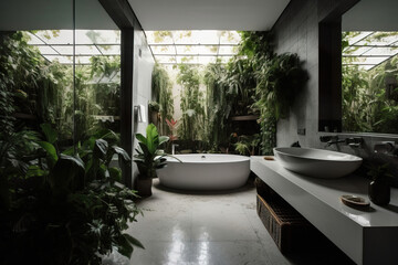 A modern bathroom oasis, with a freestanding tub and a view of lush greenery, invites relaxation in a bath of sunlight. - obrazy, fototapety, plakaty