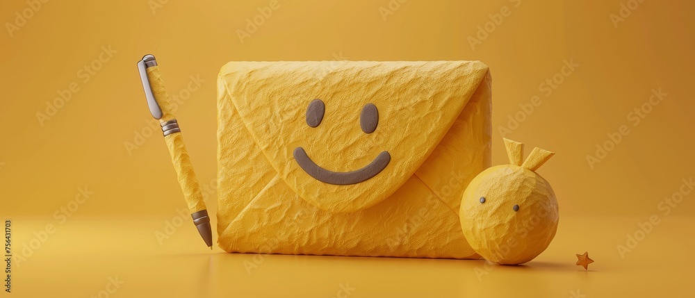 Fototapete Confirmed document or email in an envelope with a check mark. Approved Paper. Cartoon element isolated on yellow background. 3D rendering.