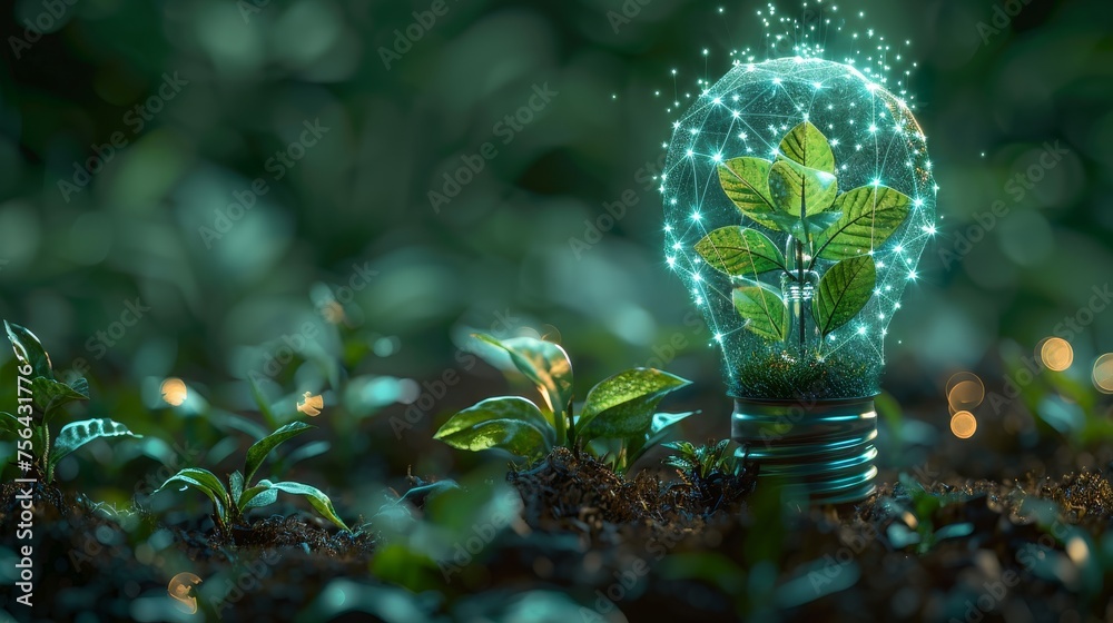 Aufkleber Low poly blue glowing light bulb with green plant inside. Abstract geometric background. Wireframe light connection structure. Modern 3D graphic concept. Modern illustration.