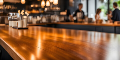 countertop, with a blurred people or bokeh background of modern cafe.